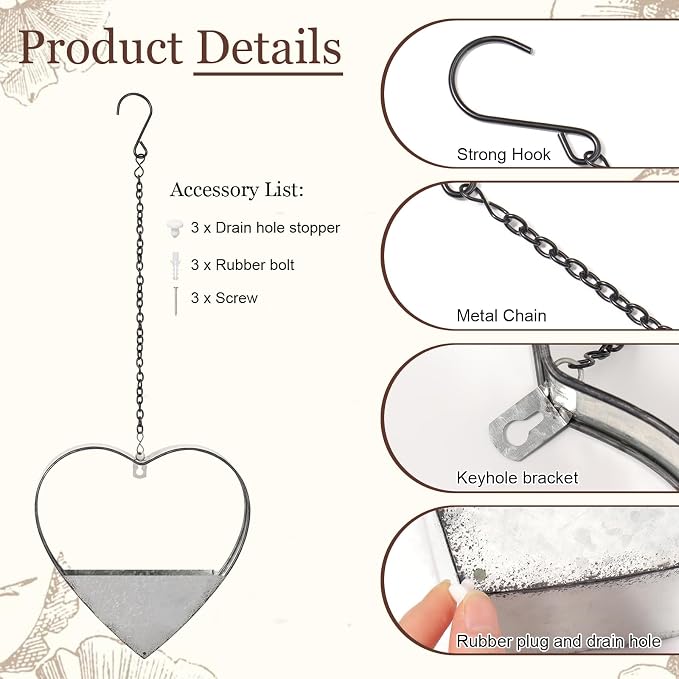 3 Pcs 3 Size Heart Metal Hanging Planter Indoor Outdoor, 13.4" 10.6" 7" Large Metal Plant Hangers Vintage Flower Pot with Hook Chain Drain Hole Gift for Gardener Women Mom Home Decor(Silver)
