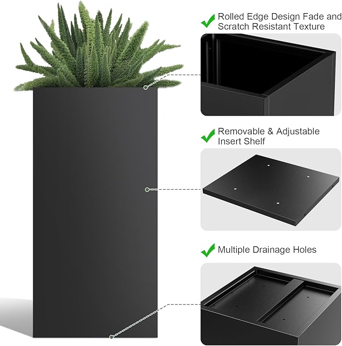 Nessxa Tall Metal Planter Box for Outdoor Plants 15" L x 15" W x 30" H, Heavy Duty Steel Planter Box with Removable Insert Shelf, Rectangular Planters for Porch, Garden, Yard, Hotel (Black)