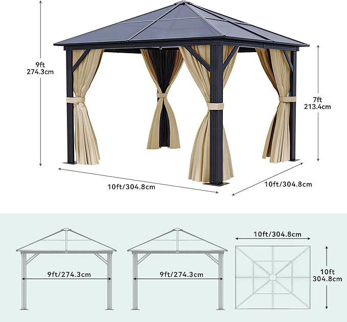 DWVO 10x10ft Gazebo Polycarbonate Hardtop Outdoor Canopy with Netting and Shaded Curtains, Single Roof Garden Tent for Patio, Backyard, Deck and Lawns, Brown
