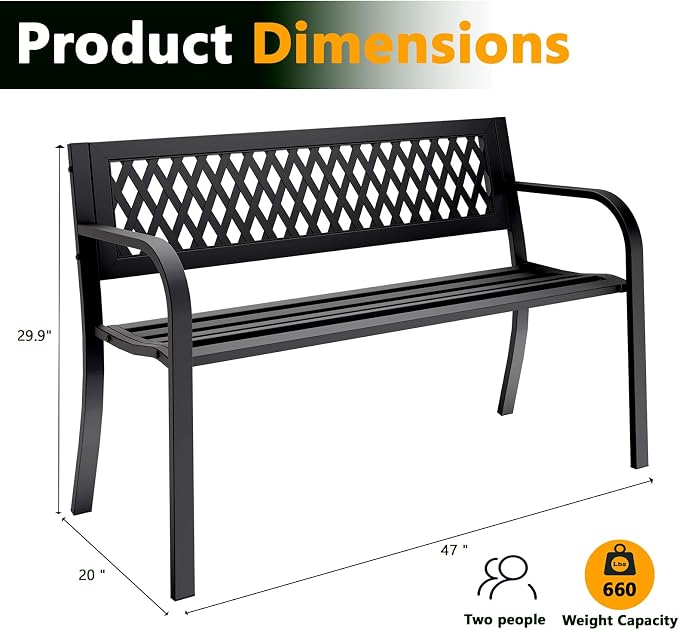 Outdoor Bench 2 Pack, 47" Garden Bench with Plastic Backrest | 2-Person Outdoor Seating Park Bench for Porch, Patio, Lawn, Deck and Entryway, Black
