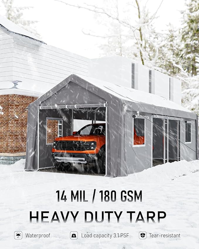 IDEALHOUSE 2-Pack Heavy-Duty 180G Zipper Doors Replacement for Carport - 13' x 20' to 13' x 25' Portable Garage Tent Shelter, Windproof & Waterproof UV-Protected Tarp (Doors Only) - Gray