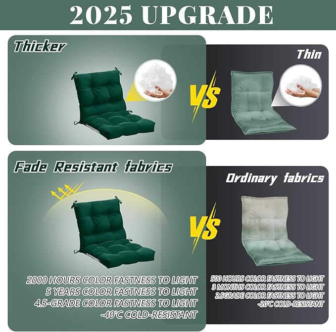 Marsui 2 Pcs Outdoor Indoor High Back Chair Cushions Patio Furniture Tufted Pillow with Ties Water-Resistant Replacement Outdoor Rocking Chair Cushions, 42 x 21 Inches (Duck Green,Solid Color)