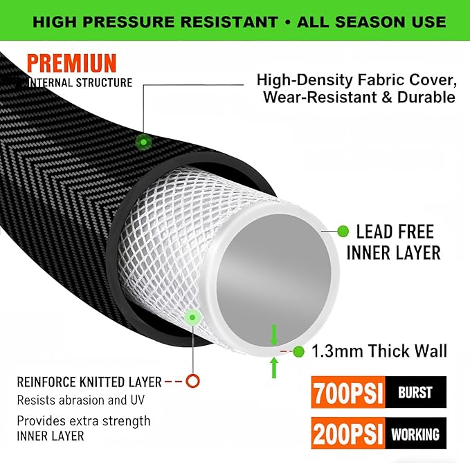 75ft Garden Hose Lightweight Flexible Water Hose, Abrasion Resistant, Kink Free, Durable Sturdy Hoses 2025 Up Graded Thicken Waterhose 700 PSI for Outdoor, RV, Marine (Black Gray, 75FT)