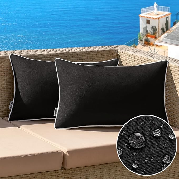 MIULEE Pack of 2 Outdoor Waterproof Pillow Covers Decorative Lumbar Throw Pillows Solid Color Farmhouse Couch Cushion Covers for Patio Tent Bed Sofa Living Room 12x20 Inch Black