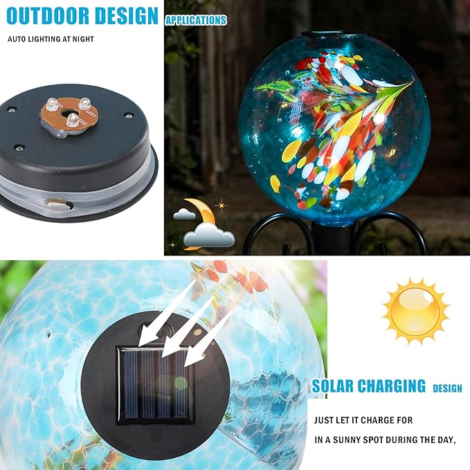 VCUTEKA Solar Gazing Ball, 10" Glass Gazing Balls Sphere with Solar Light for Garden Lawn Outdoor Ornament Yard Decorative, Swirl Lights