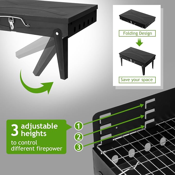 Outvita Portable Charcoal Grill, Outdoor Foldable BBQ Grill with Barbecue Accessories & Lid for Cooking Camping Picnic Hiking Beach Party Patio Smokers, Height Adjustable for 3 to 5 People