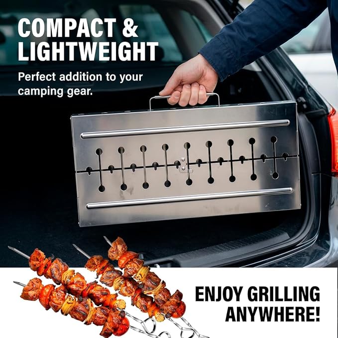 Stainless Steel Charcoal Grill, Portable Foldable Kabob Mangal, Heavy-Duty Rustproof BBQ, 24.80x9.45x25.2 Inch, for Outdoor Use, 12 Skewer Capacity