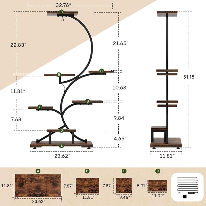 Yzosvki Plant Stand Indoor with Grow Lights, 7 Tiered Large Plant Shelf Flower Stand, Tall Plant Shelves, Rustic Brown and Black