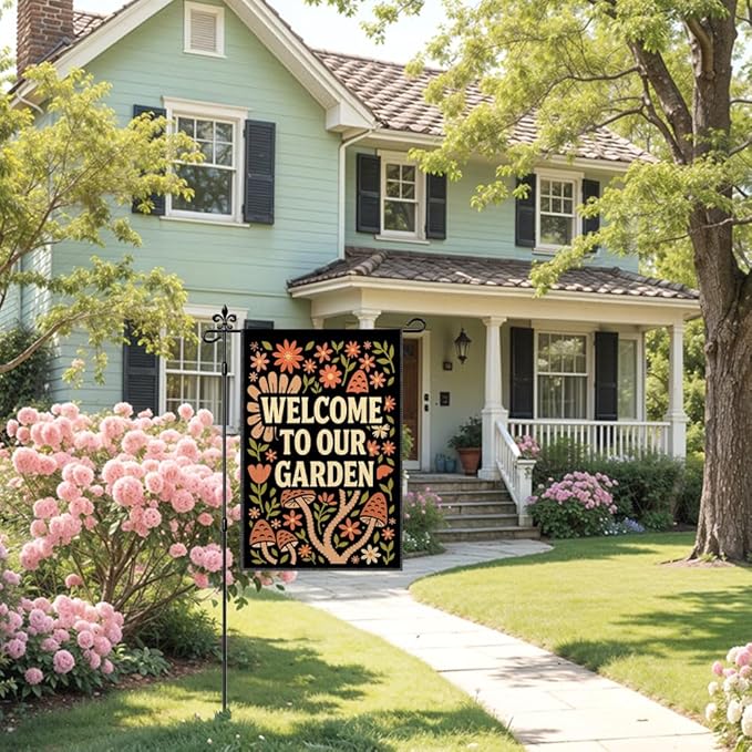 Welcome To Our Garden Garden Flag Double-Sided Yard Outdoor Decoration 12x18 Inch, Bohemian Vintage Floral Welcome Garden Flag, Courtyard Terrace Lawn Outdoor Decoration
