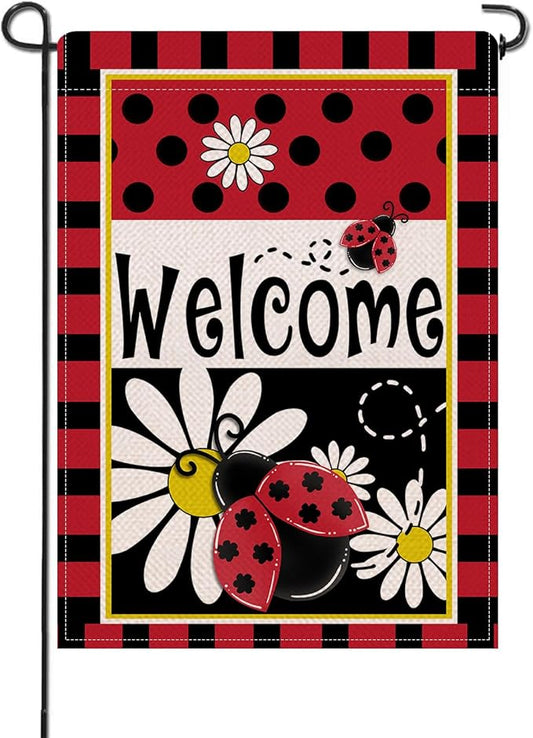 Artofy Welcome Spring Summer Ladybug Daisy Flower Small Decorative Garden Flag, Red Black Polka Dots Yard Lawn Outside Decor, Seasonal Burlap Outdoor Home Decoration Double Sided 12 x 18