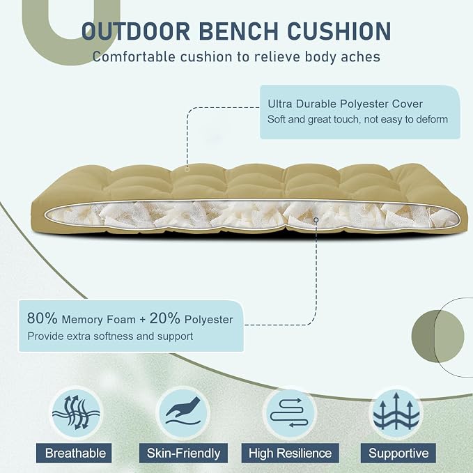 downluxe Outdoor Bench Cushion for Patio Furniture, Water Resistant Tufted Overstuffed Porch Swing Cushions, Thick Outdoor Loveseat Cushions, 59" x 18" x 5", Khaki, Set of 1