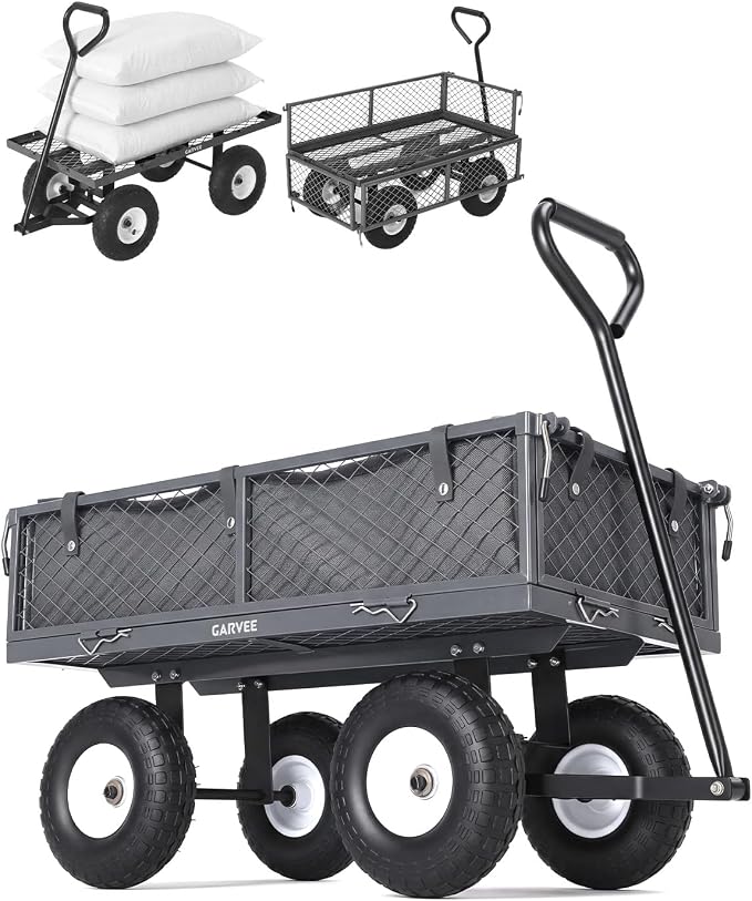 Garvee Versatile Outdoor Utility Cart-400LBS Heavy-Duty, 10" All-Terrain Pneumatic Tires, Easy Maneuverable Lawn Cart with Removable Mesh Panels for Gardening&Landscaping, Grey, with Waterproof Liner
