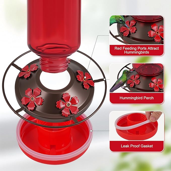 TANSOREN Solar Hummingbird Feeder for Outdoors Hanging Glass 21 Ounce with 5 Bee Guard Feeding Ports and Ant Moat, Leak-Proof, Red