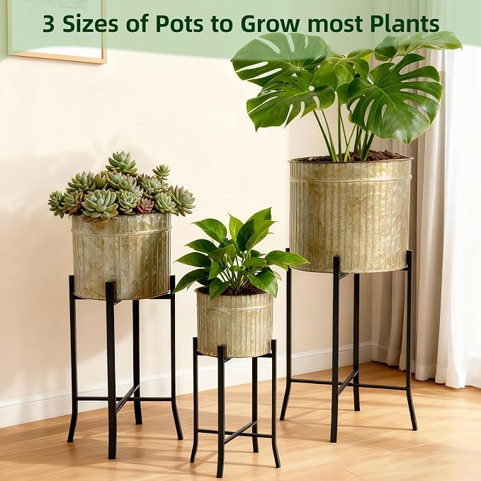 MorningRo Set of 3 Standing Planters 12.8'' 11.5'' 9.5'' Corrugated Galvanized Planters Farmhouse Rustic Plant Stand Metal Flower Pot for Indoor Outdoor Plants Garden Patio Porch Balcony