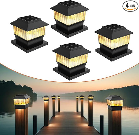 Solar Post Cap Lights 4 Pack, Modern #1: Fits True 4x4 Vinyl, 4x4 & 6x6 Wood Posts, 3 Color Temperature, 50 Lumen Waterproof Outdoor Lights for Deck Fence, Matte Black
