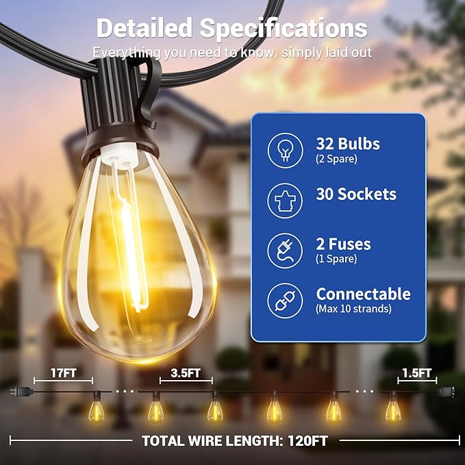 120FT Outdoor String Lights, 30+2 LED Shatterproof Bulbs with Remote & Timer,2700K Dimmable Waterproof Hanging Decor for Backyard, Garden, Porch, Balcony, Wedding Party Lighting