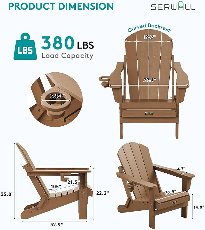 SERWALL Folding Adirondack Chair Set of 4 Outdoor Chairs with Cup Holder Painted Adirondack Chair Weather Resistant for Patio Deck Garden, Backyard Deck, Fire Pit- Brown