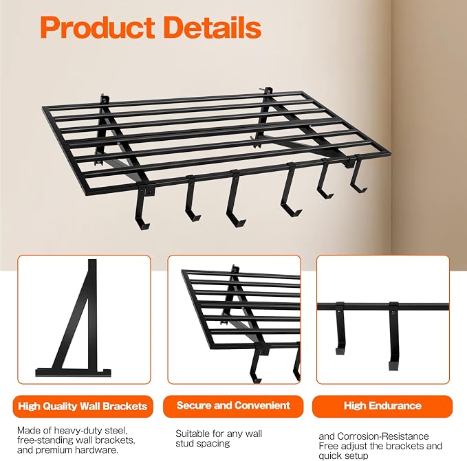 Colinktool Garage Wall Shelving, 2X4ft Garage Storage Rack,Heavy Duty Wall Mounted Storage Shelf With 12 pc Hooks-Each Loads 260lbs Metal Wall Shelf,Black,2Pack