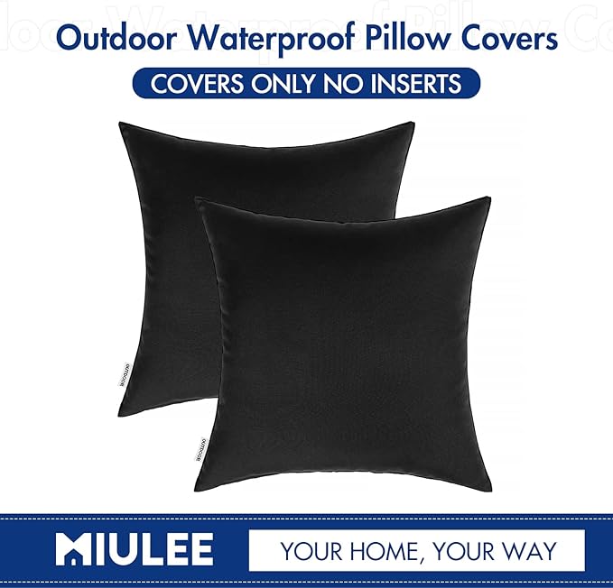 MIULEE Pack of 2 Decorative Outdoor Waterproof Pillow Covers Square Garden Cushion Sham Throw Pillowcase Shell for Spring Patio Tent Couch 22x22 Inch Black