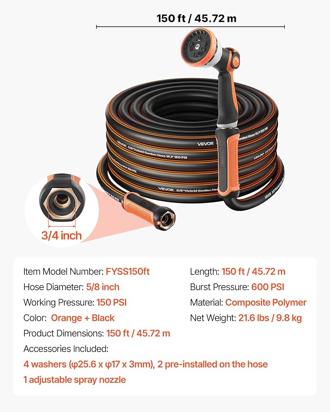 VEVOR Garden Hose, 150 ft 5/8" Heavy Duty Rubber Water Hose with 10 Mode Nozzle, 150PSI Working & 600PSI Burst, Flexible & Non-kink Outdoor Waterhose with 3/4" Fitting, Lightweight Hoses for Gardening