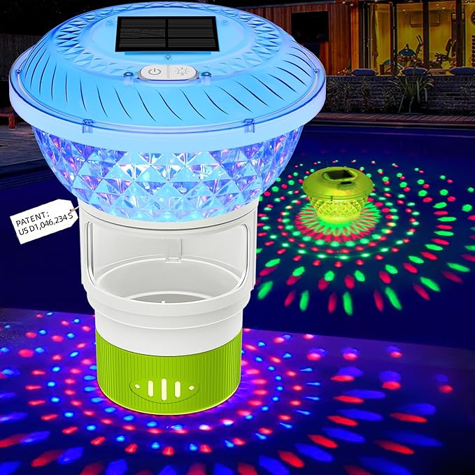FineBud2025 Upgrade Solar Chlorine Floater, Pool Chlorine Floater with Colorful Light, Button Control Floating Chlorines Dispenser for Pool, Adjustable Flow chlorines floaters (Green)