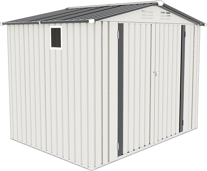 YOPTO Sheds & Outdoor Storage 6X8 FT,Metal Waterproof Tool Sheds with Side Window and Lockable Door,Backyard Buildings House W/Pitched Roof & Vents,for Garden,Lawn,Garbage Enclosure,White+Gray