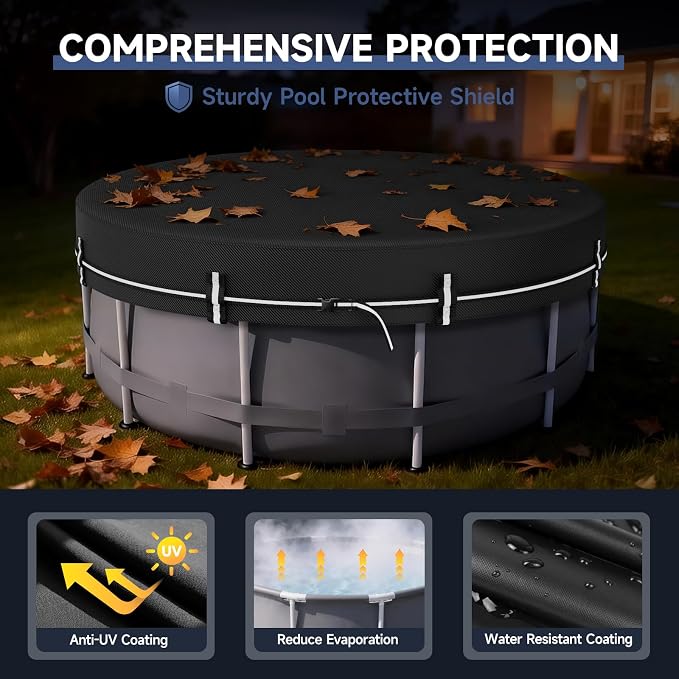 LXKCKJ 12 FT Round Pool Cover for Above Ground Pools, 420D Oxford | Waterproof 10000PA, 100MPH Windproof with 2 buckles and Ground nail set, 634N Tear-Resistant, UPF50+, 95% Evaporation Control