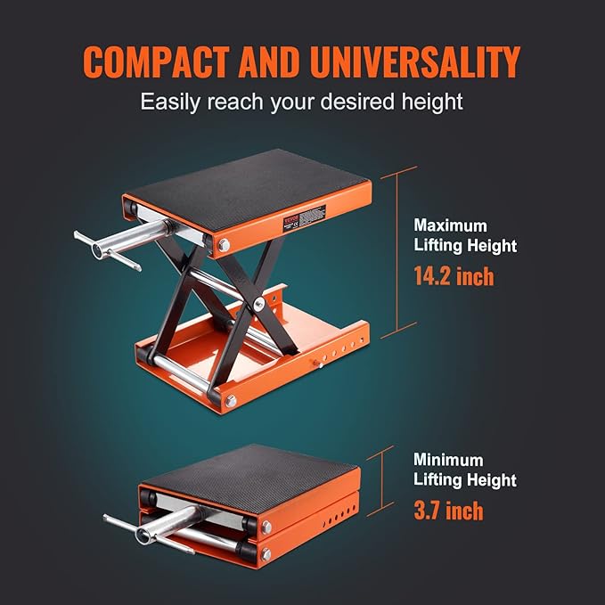 VEVOR Motorcycle Lift, 1100 LBS Motorcycle Scissor Lift Jack with Wide Deck & Safety Pin, 3.7"-13.8" Center Hoist Crank Stand, Steel Scissor Jack for Street Bikes, Cruiser Bikes, Touring Motorcycles