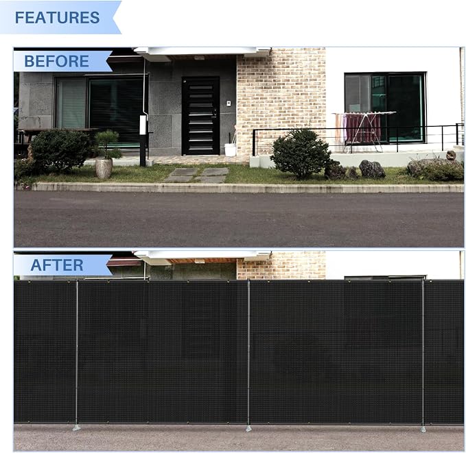 E&K 6'x114' Outdoor Privacy Screen Fence Panel Freestanding Backyard Patio Privacy Pool Fencing Temporary Garden Dog Fence with Iron Poles and Rails (Black)