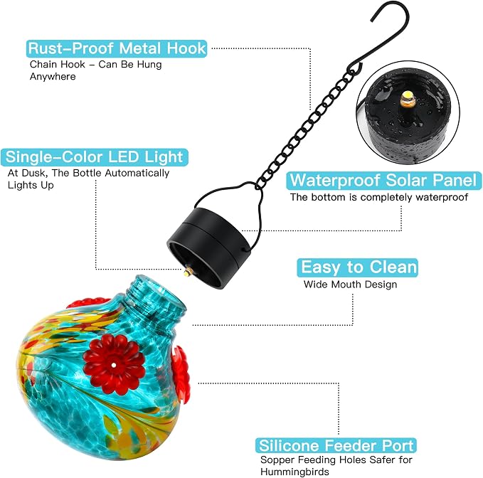 SAVENNA Hand Blown Glass Solar Hummingbird Feeder with Soft Night Light,17oz Leak-Proof Decorative Feeder for Outdoor Garden Patio Yard–Teal & Yellow Phoenix Swirl