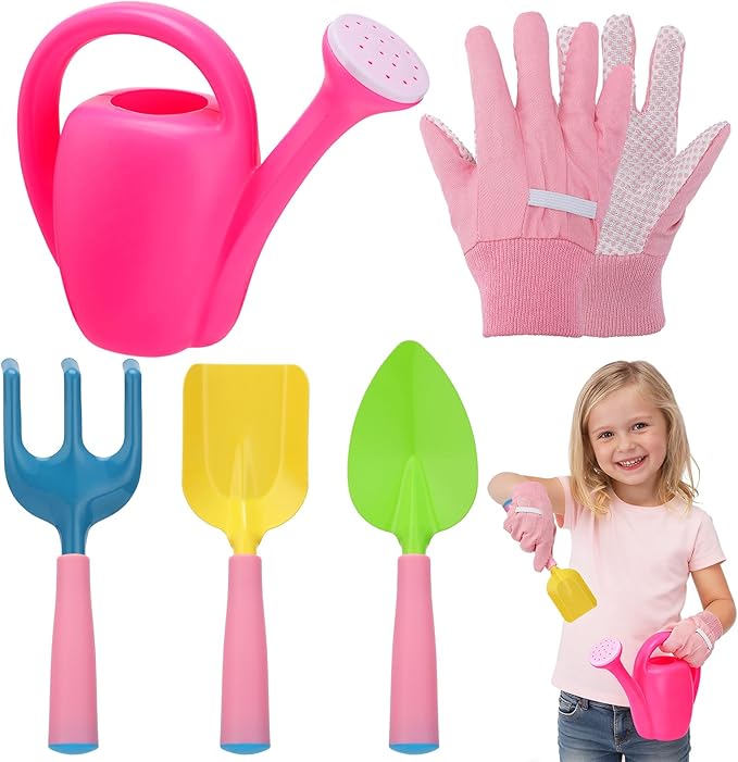 Biubee Pink Gardening Tools Set for Girls - Sturdy Kids Watering Can Toy Set with Metal Shovel Hand Rake Kids Gloves, Toddler Gardening Kit Garden Toys for Outdoor Beach Sand Toy Gift