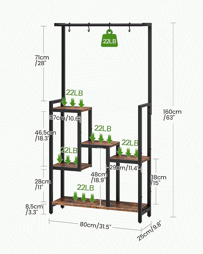 CHOEZON Plant Stand Indoor, 63" Tall Wooden Plant Shelf with Hanging Hooks and Staggered Tiers, Freestanding Flower Rack for Living Room, Balcony, Corner, Rustic Brown and Black TCJ41BF