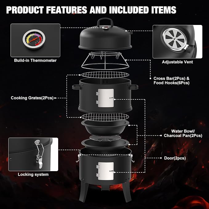 16" Charcoal Smoker, 3 in 1 Heavy Duty Vertical Barbecue Grill, Outdoor Fire Pit 402 Square Inches Cooking Area, Versatile Outdoor Smoker Grill, Black
