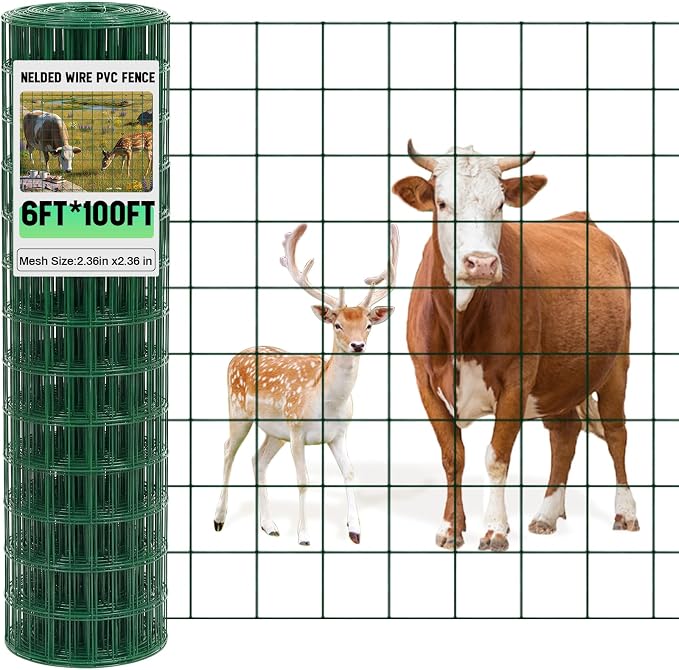 Gisafai 16 Gauge Galvanized Welded Wire Fence 6 ft x 100 ft PVC Coated Hardware Cloth, 2.36" x 2.36" Mesh, Heavy Duty Garden Fencing Roll for Yard Chicken Dog, Deer Cattle & Animal Protection(Green)