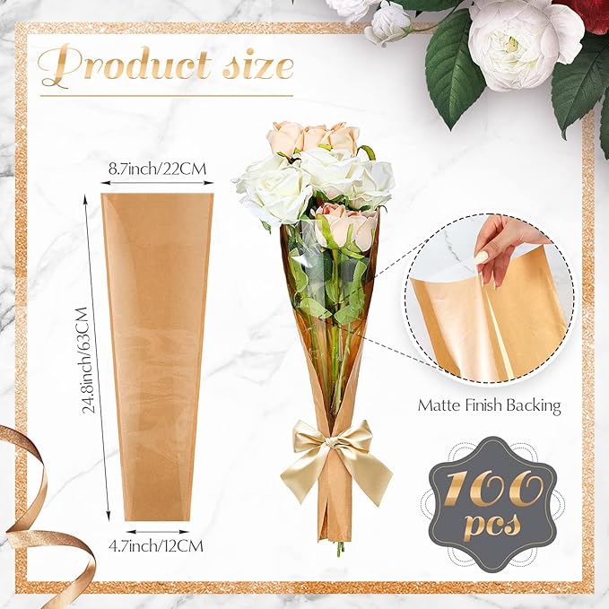 Sabary 100 Pcs Flower Bouquet Wrapping Paper Flower Rose Sleeves Bulk Floral Bags for Valentine Bridal Shower Wedding Anniversary Birthday Mother's Day(24.8" x 8.7")