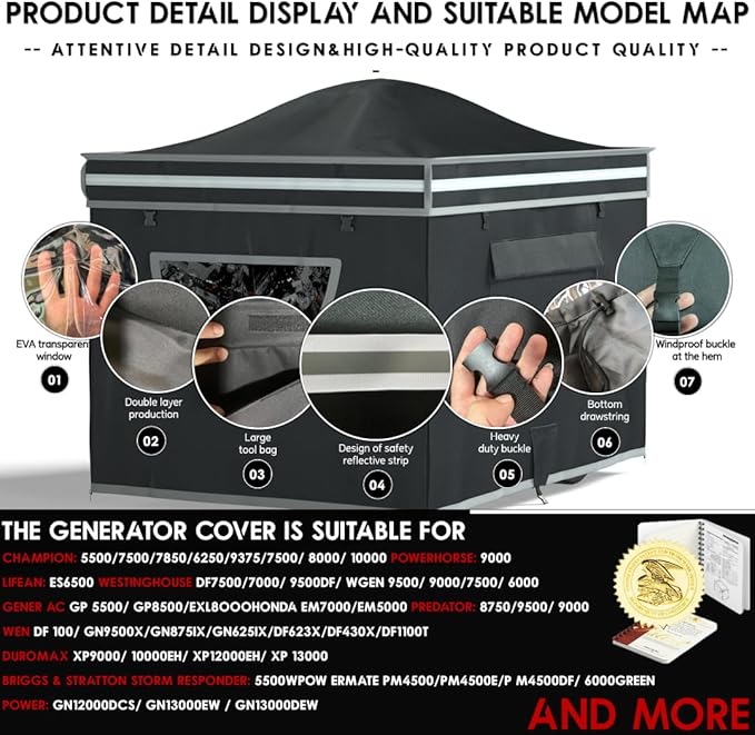 Generator Tent With Bracket, Generator Cover Whlie Running, 32X24X24 inches, Roof Design Without Water Accumulation, 1680D Marine Canvas Production+Heavy-Duty Stainless Steel Bracket, Black