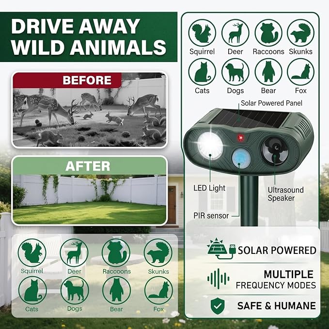 2-Pack Solar Ultrasonic Animal Repellent Outdoor: 2026 Upgraded Raccoon Rabbit Repellent Devices & Cat Repeller for Yard, Sonic Fortress Pro Deer Repellent Devicess with LED Flash Lights
