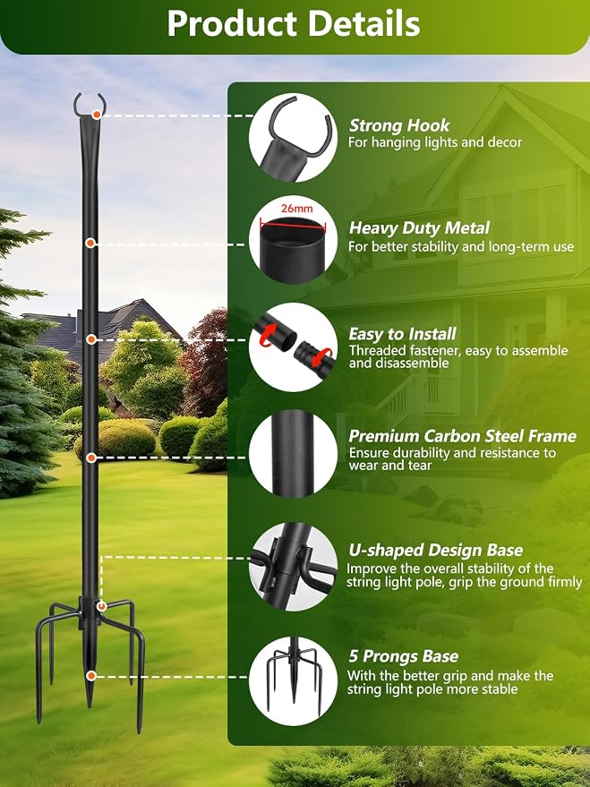 6 Pack String Light Poles for Outside, 10ft Metal Outdoor String Light Poles for Deck - Ideal for Patio, Garden, Yard, Front Porch Decorations, Black