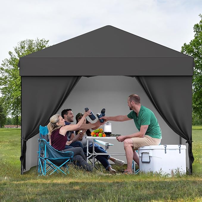 10x10FT Pop Up Canopy Tent Black 210D Oxford Waterproof with 4 Sidewalls Sun Shelter