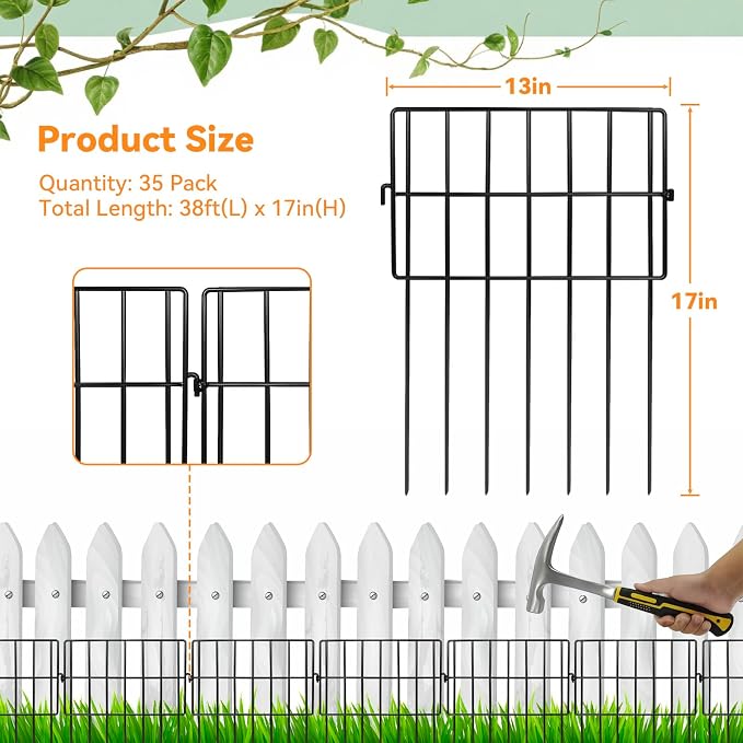 35 Pack Animal Barrier Fence, 37.92ft(L) x 17in(H) No Dig Fence for Dogs, 1.2in Gaps Anti Digging Fence for Dogs, Rustproof Metal Garden Fence Animal Barrier for Flower Beds & Patio