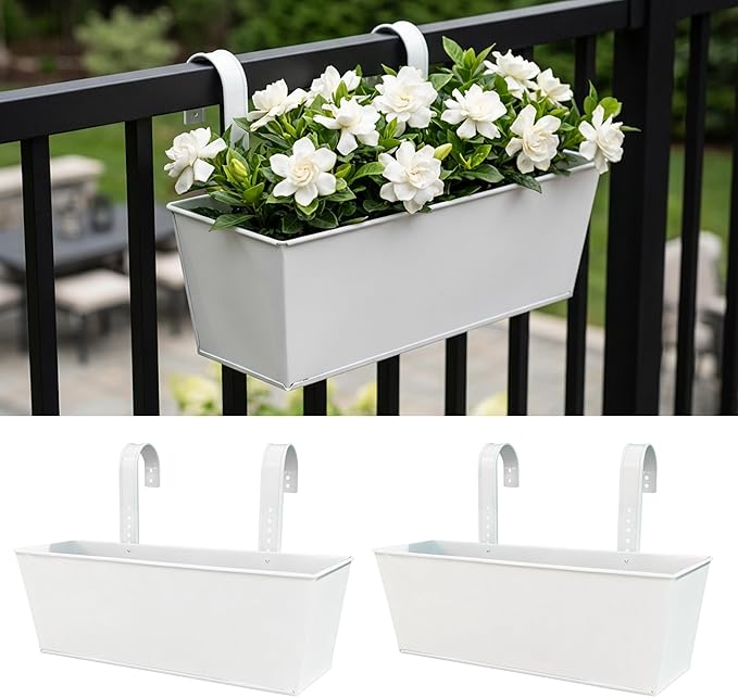 LaLaGreen Rail Planters (16 Inch, 2 Pack) White Metal Rectangle Plants Boxes Hanging Flower Pots Outdoor Planter Patio Decor Apartment Balcony Deck Railing Fence Rail Decorations Garden Baskets Pot