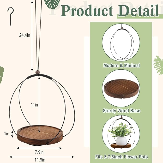 Threehoney 1 Pack Hanging Planters for Indoor Black Plant Hanger with Round Wood Base Large Indoor Hanging Plant Shelf Boho Holder Gift for Mom,housewarming (7.9 '')