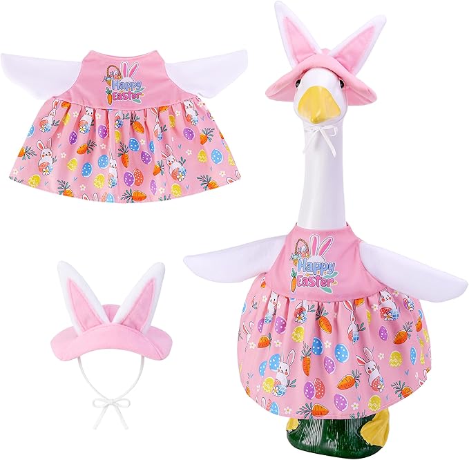 Watayo 2 Pcs/Set Easter Bunny Porch Goose Outfits, Spring Easter Rabbit Lawn Goose Clothing Costume, Garden Goose Clothes Pink Dress and Bunny Ears Hat for 23" High Statue Outdoor Patio Yard Decor