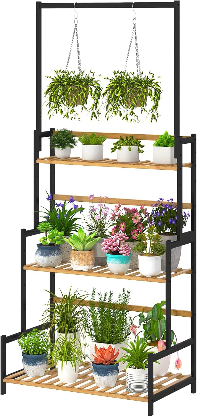 Ufine Bamboo Hanging Plant Stand 3 Tier Ladder Shelf with Hanging Rod | Height Adjustable Flower Pot Display Organizer for Balcony Porch Living Room