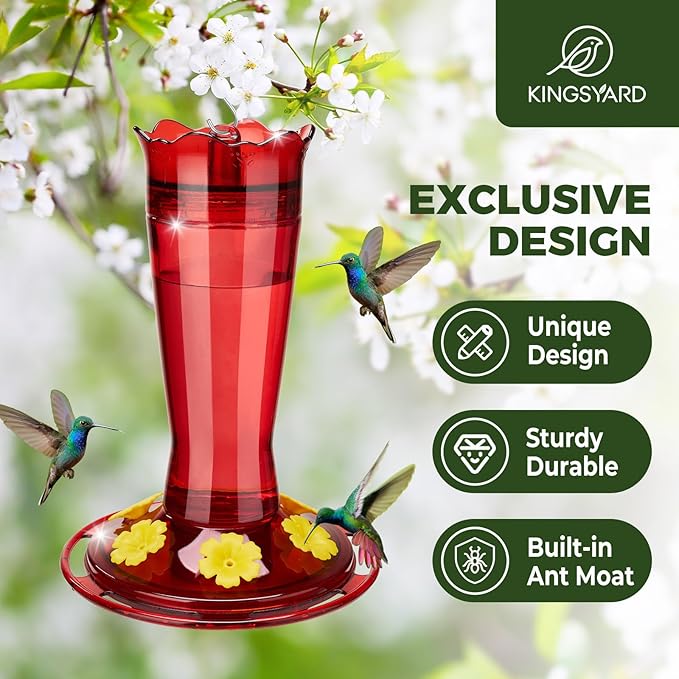 Kingsyard 2-Pack Glass Hummingbird Feeder for Outdoors Hanging, 14 oz Leak-Proof Humming Bird Feeders with Ant Moat & Bee Proof Feeding Ports, Hummingbird Gift for Bird Lovers (Red)