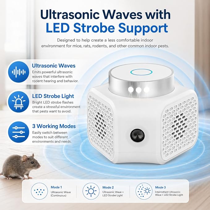 Ultrasonic Mouse Repellent Plug in Indoor, No-Touch Rodent Repellent for Home, 3 Modes with LED Strobe Light, Electronic Pest Control for House, Attic, Garage, Basement, Office and RV