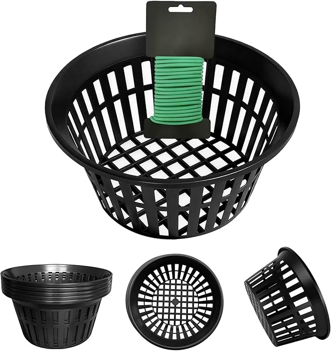 5 Pack 11 Inch Heavy Duty Hydroponic Net Pots, Black Strong Plastic Slotted Mesh Baskets for Orchids, Staghorn Ferns and Airy Grid Planters, with Support Wire