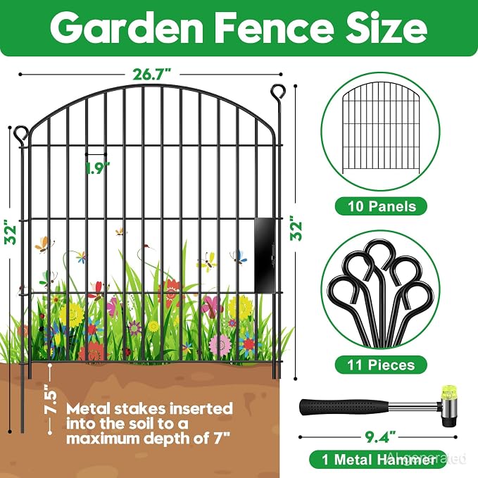 Decorative Garden Fence 32in (H) x22ft (L), Arched Rustproof Metal No Dig Fence for Dogs & Rabbit, Ornamental Animal Barrier for Flower Beds, Border Panels Fencing for Yard & Patio Outdoor Decor