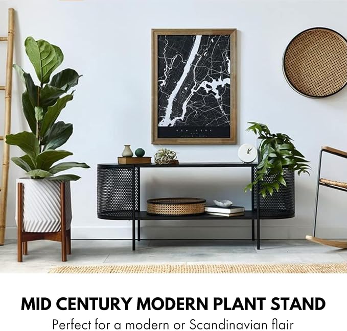 Fox & Fern Mid Century Plant Stand — 11.8 Inch Fixed Size Wooden Plant Stand for Indoor Planters (Not Included) - Large Flower Pot Holder for Indoor Big Pots - Plug In Design - Two Heights - Acacia