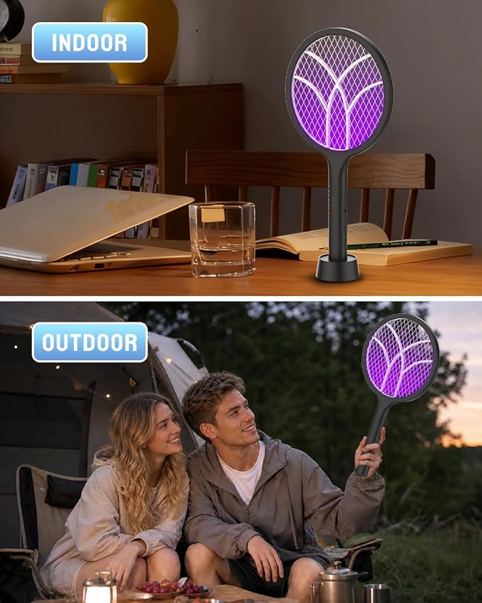 Mosiller Electric Fly Swatter Racket, 4000V Bug Zapper with 1800mah & Dual Modes, 2 in 1 Rechargeable Purple Mosquito Light Killer with 3-Layer Safety Mesh for Indoor Home Patio Camping Office(1 Pack)
